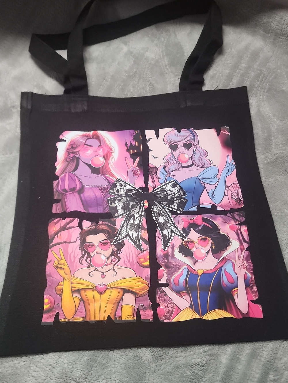Black Graphic Tote Bag with Pink Cartoon Princess Panels- 13x15